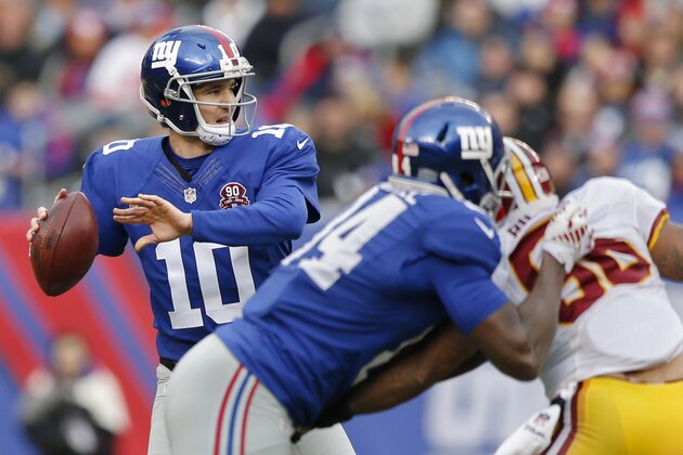 New York Giants quarterback Eli Manning (10) steps back to pass against the Washington Redskins during the second quarter of an NFL football game, Sunday, Dec. 14, 2014, in East Rutherford, N.J. (AP Photo/Julio Cortez)