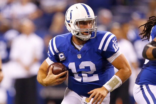 Indianapolis Colts quarterback Andrew Luck (12) runs against the New York Jets during an NFL football game in Indianapolis, Monday, Sept. 21, 2015. (Jeff Haynes/AP Images for Panini)