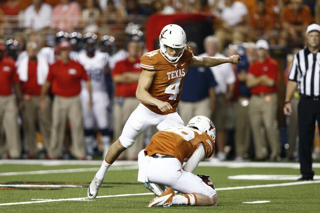 AUSTIN, TX - SEPTEMBER 14: Anthony Fera #4 of the Texas Longhorns kicks a field goal against the Ole Miss Rebels during the game at Darrell K Royal-Texas Memorial Stadium on September 14, 2013 in Austin, Texas. The Rebels won the game 44-23. (Photo by Joe Robbins/Getty Images) AUSTIN, TX - SEPTEMBER 14: Anthony Fera #4 of the Texas Longhorns kicks a field goal against the Ole Miss Rebels during the game at Darrell K Royal-Texas Memorial Stadium on September 14, 2013 in Austin, Texas. The Rebels won the game 44-23. (Photo by Joe Robbins/Getty Images)