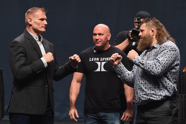 LAS VEGAS, NV - SEPTEMBER 04:  (L-R) Josh Barnett and Roy Nelson face off during the UFC's Go Big launch event inside MGM Grand Garden Arena on September 4, 2015 in Las Vegas, Nevada.  (Photo by Josh Hedges/Zuffa LLC/Zuffa LLC via Getty Images)