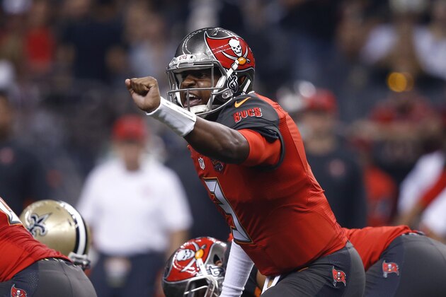 Tampa Bay Buccaneers quarterback Jameis Winston (3) calls out from the line of scrimmage in the first half of an NFL football game against the New Orleans Saints in New Orleans, Sunday, Sept. 20, 2015. (AP Photo/Jonathan Bachman)