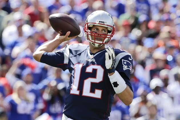 New England Patriots quarterback Tom Brady throws a pass during the first half of an NFL football game against the Buffalo Bills Sunday, Sept. 20, 2015, in Orchard Park, N.Y. (AP Photo/Bill Wippert)