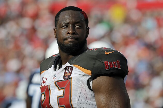Tampa Bay Buccaneers defensive tackle Gerald McCoy (93) frowns during the second quarter of an NFL football game against the Tennessee Titans Sunday, Sept. 13, 2015, in Tampa, Fla. (AP Photo/Chris O'Meara)