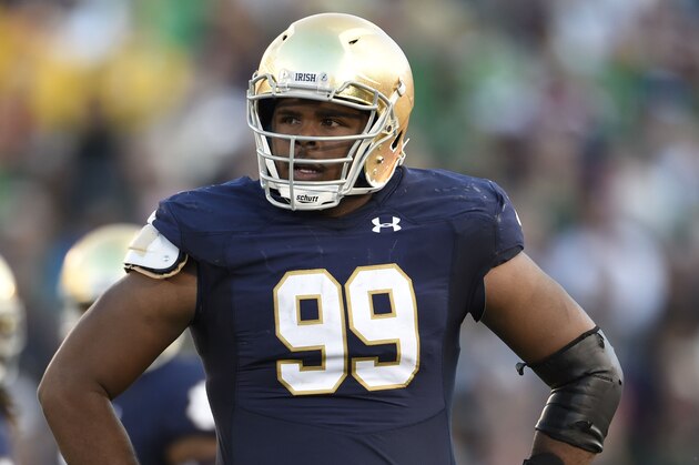 Sep 19, 2015; South Bend, IN, USA; Notre Dame Fighting Irish defensive lineman Jerry Tillery (99) against the Georgia Tech Yellow Jackets at Notre Dame Stadium. Mandatory Credit: RVR Photos-USA TODAY Sports
