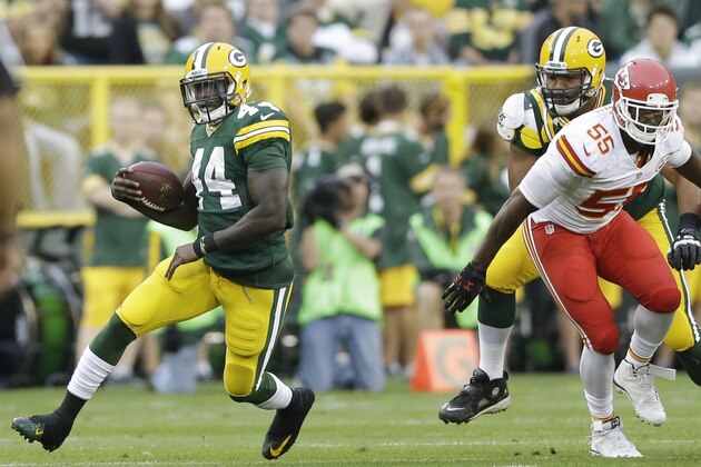 Green Bay Packers' James Starks runs during the first half of an NFL football preseason game against the Kansas City Chiefs Thursday, Aug. 28, 2014, in Green Bay, Wis. (AP Photo/Tom Lynn)