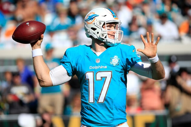 JACKSONVILLE, FL - SEPTEMBER 20:   Ryan Tannehill #17 of the Miami Dolphins attempts a pass during the game against the Jacksonville Jaguars at EverBank Field on September 20, 2015 in Jacksonville, Florida.  (Photo by Sam Greenwood/Getty Images)