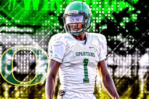 This photo edit of Oregon wide receiver commit Dillon Mitchell is an example of what circulates around social media and has become quite popular within college football and football recruiting. It was done by Hayes Fawcett, a 14-year-old eighth-grader.