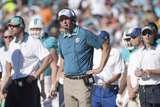 Miami Dolphins head coach Joe Philbin watches play against the Jacksonville Jaguars during the first half of an NFL football game, Sunday, Sept. 20, 2015, in Jacksonville, Fla. (AP Photo/Phelan M. Ebenhack)