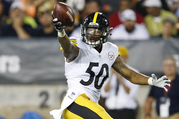 CANTON, OH - AUGUST 9: Ryan Shazier #50 of the Pittsburgh Steelers celebrates against the Minnesota Vikings during the NFL Hall of Fame Game at Tom Benson Hall of Fame Stadium on August 9, 2015 in Canton, Ohio. (Photo by Joe Robbins/Getty Images)