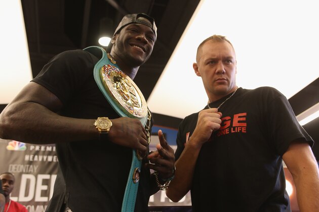 BIRMINGHAM, AL - SEPTEMBER 24:  Heavyweight Champion Deontay Wilder and challenger Johann Duhaupas pose for the media during a press conference at Legacy Arena at the BJCC on September 24, 2015 in Birmingham, Alabama.  (Photo by David A. Smith/Getty Images)
