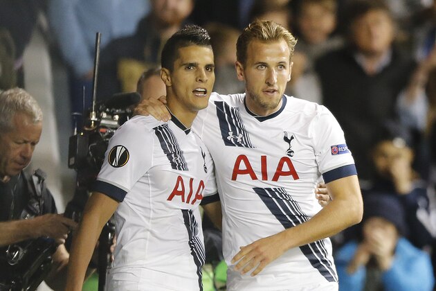 Tottenham’s Erik Lamela, left, and Tottenham’s Harry Kane celebrate after scoring during the Europa League Group J soccer match between Tottenham Hotspur and Qarabag FK at the White Hart Lane stadium in London, England, Thursday, Sept. 17, 2015 . (AP Photo/Frank Augstein)