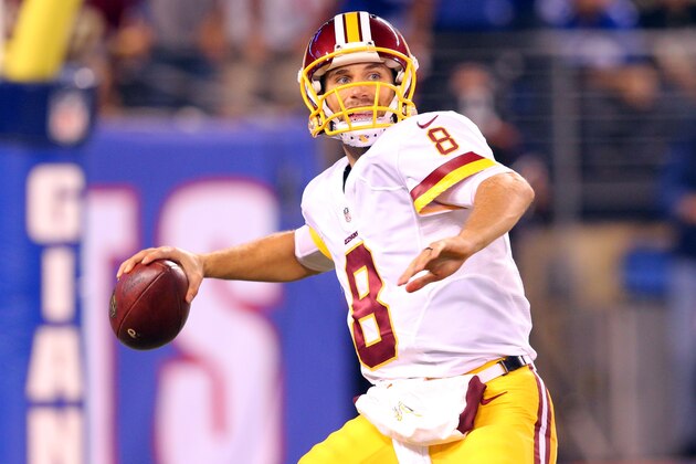 Sep 24, 2015; East Rutherford, NJ, USA; Washington Redskins quarterback Kirk Cousins (8) passes against the New York Giants during the first quarter at MetLife Stadium. Mandatory Credit: Brad Penner-USA TODAY Sports