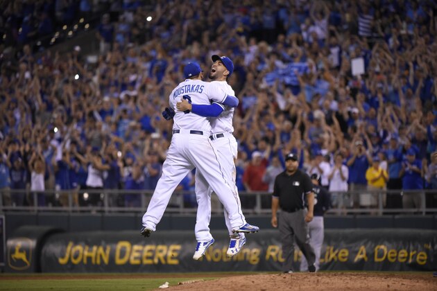 KANSAS CITY, MO - SEPTEMBER 24: Mike Moustakas #8 and Eric Hosmer #35 of the Kansas City Royals embrace as they cerebrate after thaking the American League Central Division title at Kauffman Stadium on September 24, 2015 in Kansas City, Missouri. The Royals beat the Seattle Mariners 10-4. (Photo by Ed Zurga/Getty Images) KANSAS CITY, MO - SEPTEMBER 24: Mike Moustakas #8 and Eric Hosmer #35 of the Kansas City Royals embrace as they cerebrate after thaking the American League Central Division title at Kauffman Stadium on September 24, 2015 in Kansas City, Missouri. The Royals beat the Seattle Mariners 10-4. (Photo by Ed Zurga/Getty Images)