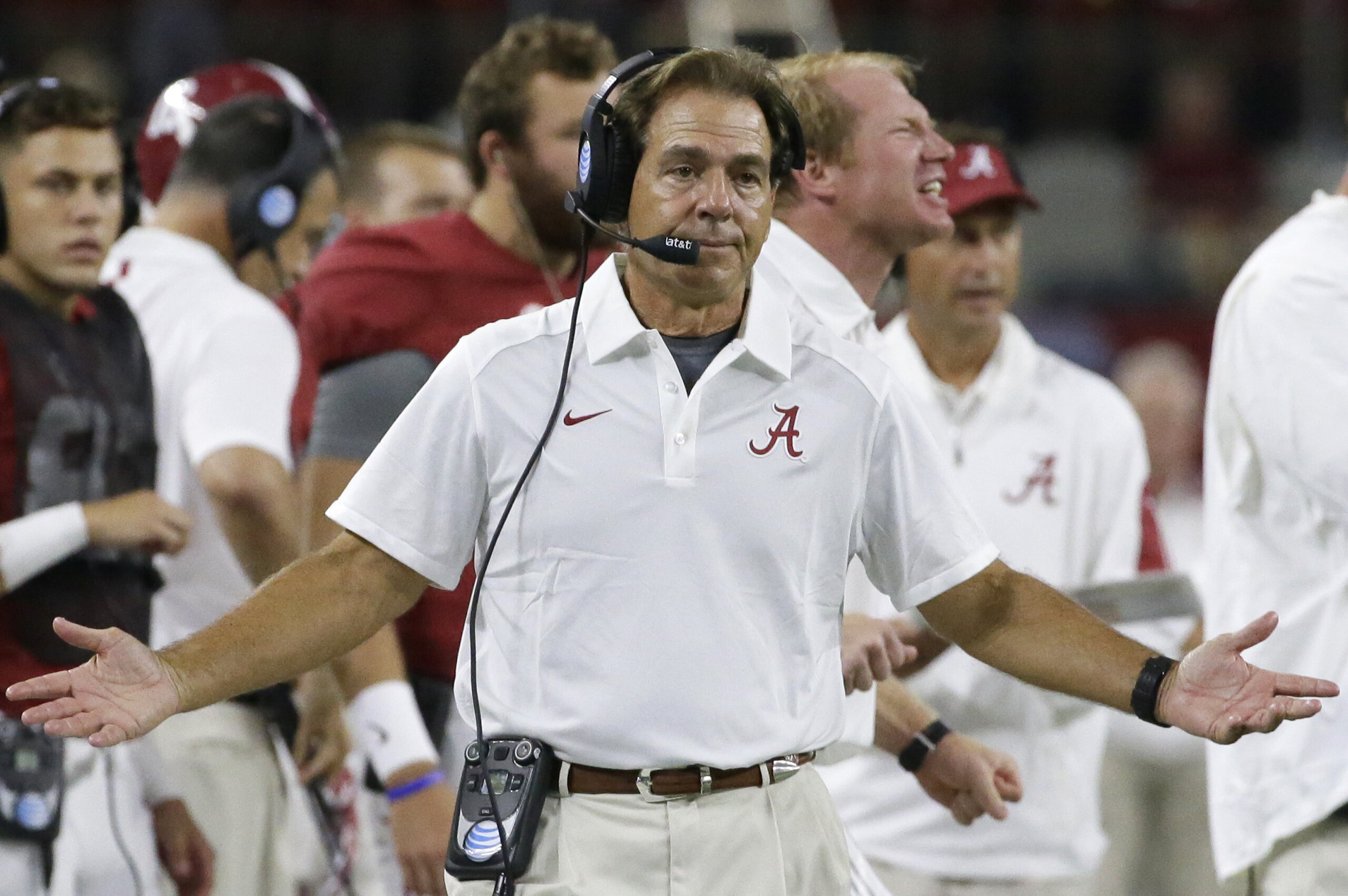 Alabama head coach Nick Saban gestures on the sidelines during the second half of an NCAA college football game Saturday, Sept. 5, 2015, in Arlington, Texas. (AP Photo/LM Otero)