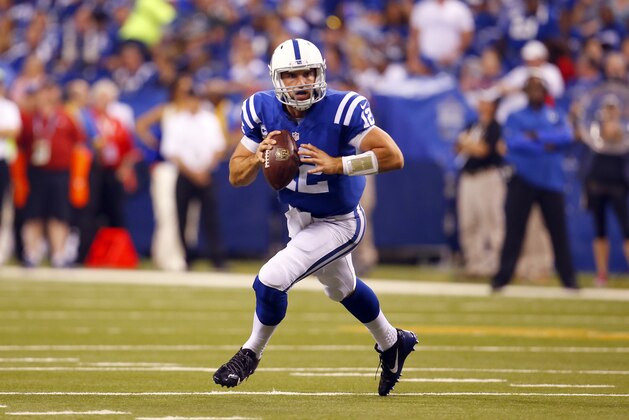 Indianapolis Colts quarterback Andrew Luck (12) looks to throw a pass against the New York Jets during an NFL football game in Indianapolis, Monday, Sept. 21, 2015. (Jeff Haynes/AP Images for Panini)