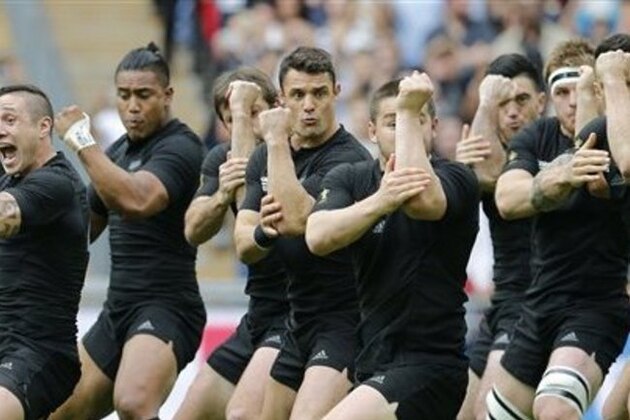 The New Zealand team perform the 'Haka' before the start of the Rugby World Cup Pool C match between Argentina and New Zealand at Wembley stadium in London, Sunday, Sept. 20, 2015. (AP Photo/Christophe Ena)