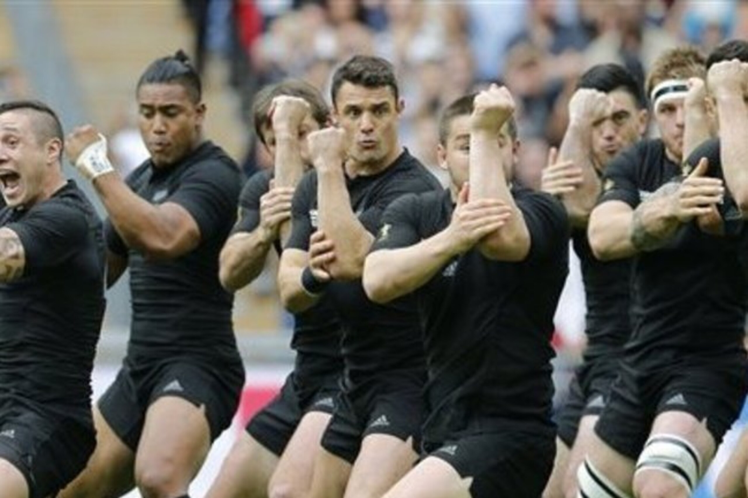 The New Zealand team perform the 'Haka' before the start of the Rugby World Cup Pool C match between Argentina and New Zealand at Wembley stadium in London, Sunday, Sept. 20, 2015. (AP Photo/Christophe Ena)