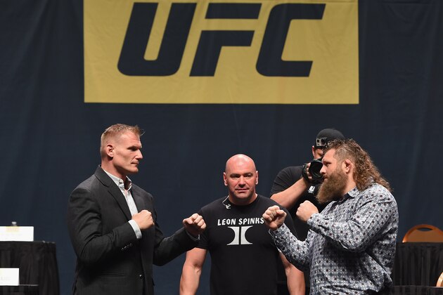 LAS VEGAS, NV - SEPTEMBER 04:  (L-R) Josh Barnett and Roy Nelson face off during the UFC's Go Big launch event inside MGM Grand Garden Arena on September 4, 2015 in Las Vegas, Nevada.  (Photo by Josh Hedges/Zuffa LLC/Zuffa LLC via Getty Images)