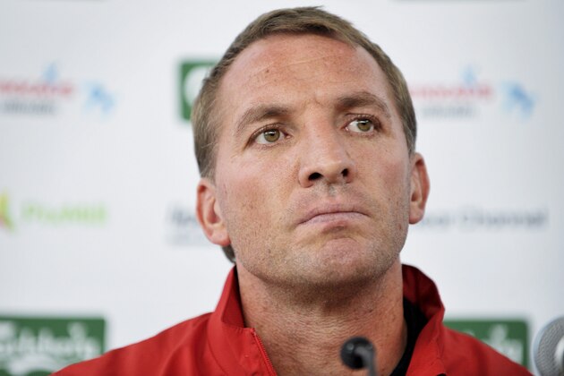Liverpool's manager Brendan Rodgers attends a presser at Helsinki-Vantaa airport in Vantaa, Finland, Friday July 31, 2015. Liverpool will face HJK Helsinki in pre-season friendly match on Saturday at the Olympic Stadium in Helsinki. (Anni Reenpaa/Lehtikuva via AP)    FINLAND OUT