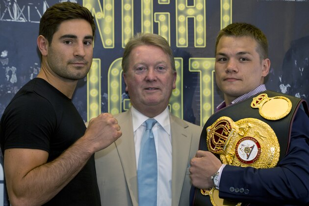 Super-Middleweight and WBA World Champion Fedor Chudinov of Russia, right,  poses with contender Frank Buglioni, left, and promoter Frank Warren ahead of a press conference to announce his upcoming fight in London, Monday, June, 15, 2015. Chudinov will fight Buglioni for the WBA Super-Middleweight championship in London, Friday, July 24. (AP Photo/Alastair Grant)