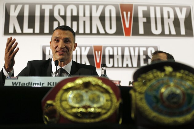 WBA, WBO, IBF, and IBO heavyweight boxer, Wladimir Klitschko speaks during a press conference for the heavyweight title bout against British heavyweight Tyson Fury on October 24, 2015 in Duesseldorf, Germany, in London, Wednesday, Sept. 23, 2015.(AP Photo/Frank Augstein)
