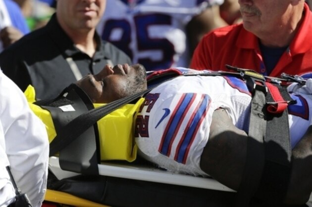 Buffalo Bills free safety Aaron Williams (23) is carted off the field during the second half of an NFL football game against the New England Patriots Sunday, Sept. 20, 2015, in Orchard Park, N.Y. (AP Photo/Bill Wippert)