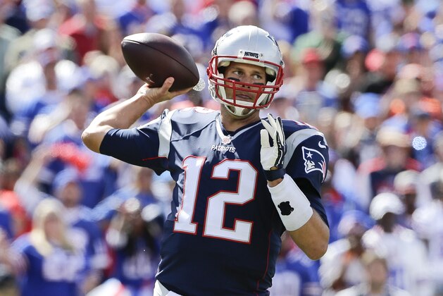 New England Patriots quarterback Tom Brady throws a pass during the first half of an NFL football game against the Buffalo Bills Sunday, Sept. 20, 2015, in Orchard Park, N.Y. (AP Photo/Bill Wippert)