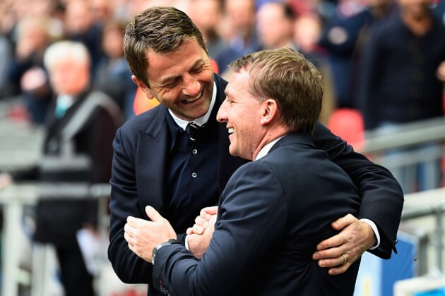 LONDON, ENGLAND - APRIL 19:  Manager Tim Sherwood of Aston Villa greets Brendan Rodgers, manager of Liverpool during the FA Cup Semi Final between Aston Villa and Liverpool at Wembley Stadium on April 19, 2015 in London, England.  (Photo by Mike Hewitt/Getty Images)