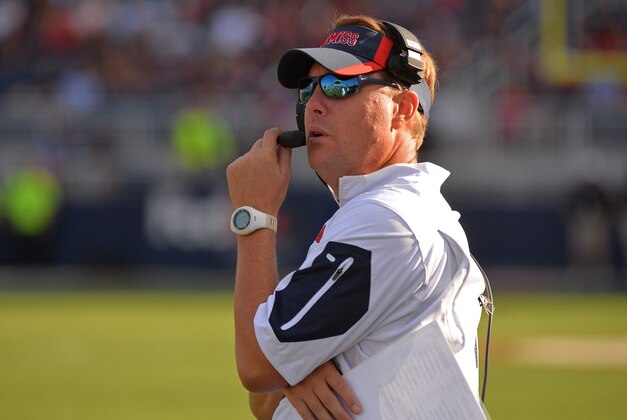 Mississippi head coach Hugh Freeze watches the second half of an NCAA college football game against Fresno State in Oxford, Miss., Saturday, Sept. 12, 2015. Mississippi won 73-21. (AP Photo/Thomas Graning)