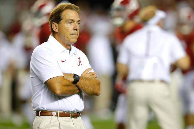 TUSCALOOSA, AL - SEPTEMBER 19:  Head coach Nick Saban of the Alabama Crimson Tide looks on prior to facing the Mississippi Rebels at Bryant-Denny Stadium on September 19, 2015 in Tuscaloosa, Alabama.  (Photo by Kevin C. Cox/Getty Images)