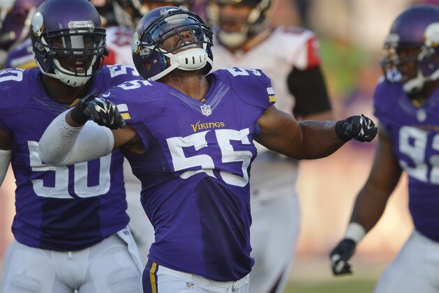 MINNEAPOLIS, MN - SEPTEMBER 28: Anthony Barr #55 of the Minnesota Vikings celebrates a sack during an NFL game against the Minnesota Vikings at TCF Bank Stadium on September 28, 2014 in Minneapolis, Minnesota.  (Photo by Tom Dahlin/Getty Images)