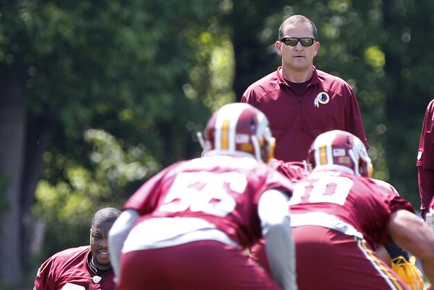 May 26, 2015; Ashbury, VA, USA; Washington Redskins defensive coordinator Joe Barry looks on during drills as part of the Redskins OTA at Redskins Park. Mandatory Credit: Geoff Burke-USA TODAY Sports