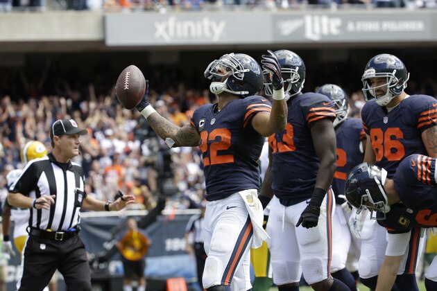 Chicago Bears running back Matt Forte (22) celebrates a touchdown during the first half an NFL football game against the Green Bay Packers, Sunday, Sept. 13, 2015, in Chicago. (AP Photo/Nam Y. Huh)