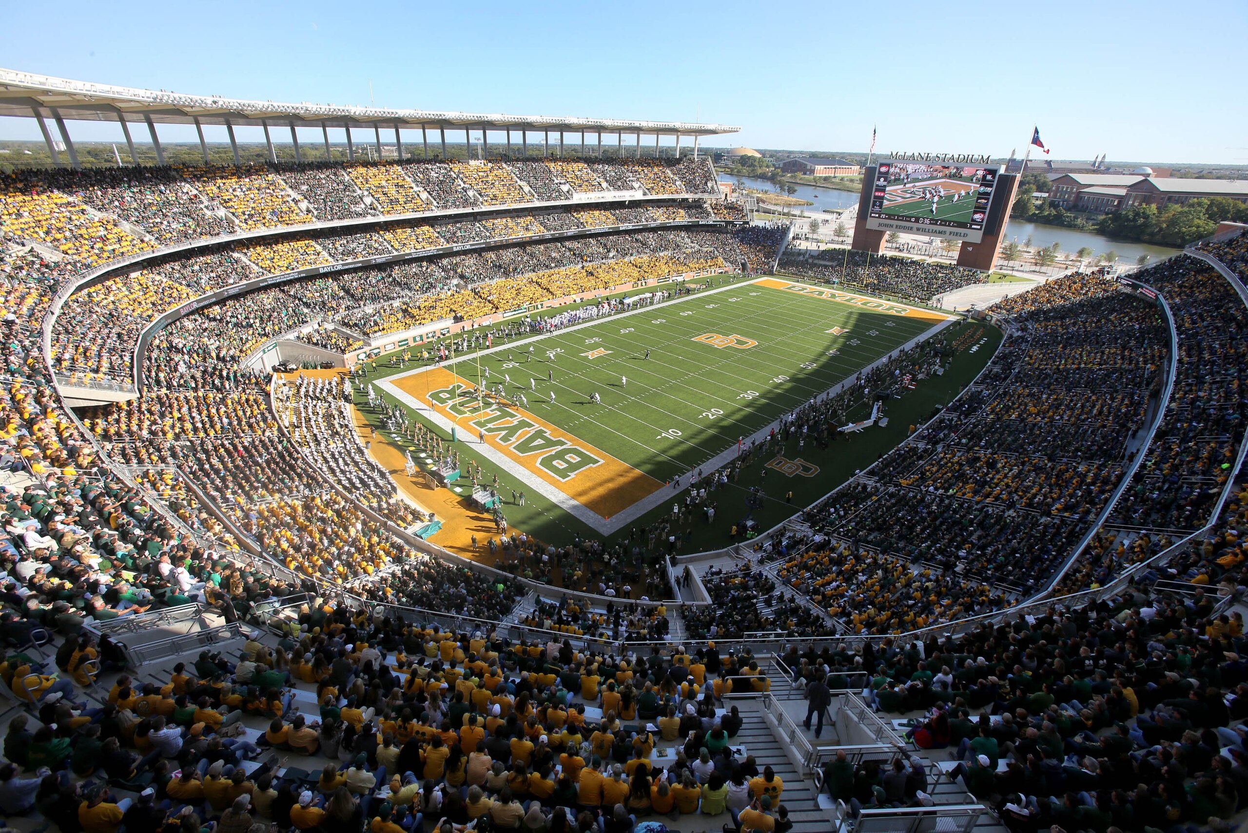 Fans watch a NCAA college football game against Kansas and Baylor inside McLane Stadium in the first half of an NCAA college football game, Saturday, Nov. 1, 2014, in Waco, Texas. (AP Photo/ Jerry Larson)