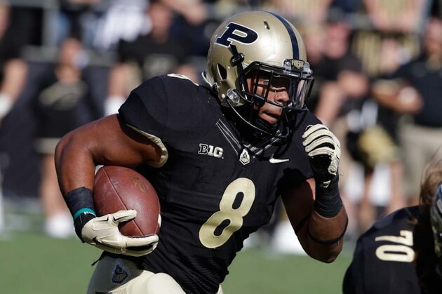 Purdue's Markell Jones (8) runs  during the first half of an NCAA college football game against Virginia Tech, Saturday, Sept. 19, 2015 in West Lafayette, Ind. (AP Photo/Darron Cummings)