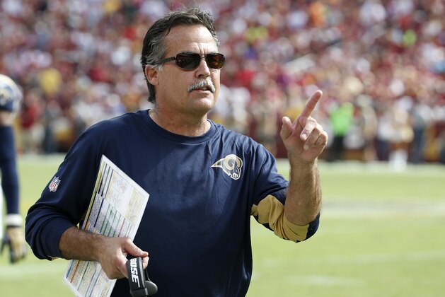 St. Louis Rams head coach Jeff Fisher gestures along the sidelines during the second half of an NFL football game against the Washington Redskins in Landover, Md., Sunday, Sept. 20, 2015. (AP Photo/Alex Brandon)