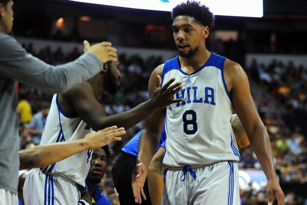 Jul 11, 2015; Las Vegas, NV, USA; Philadelphia 76ers center Jahlil Okafor (8) is congratulated by teammates on the bench during an NBA Summer League game against the Los Angeles Lakers at Thomas & Mack Center. Mandatory Credit: Stephen R. Sylvanie-USA TODAY Sports