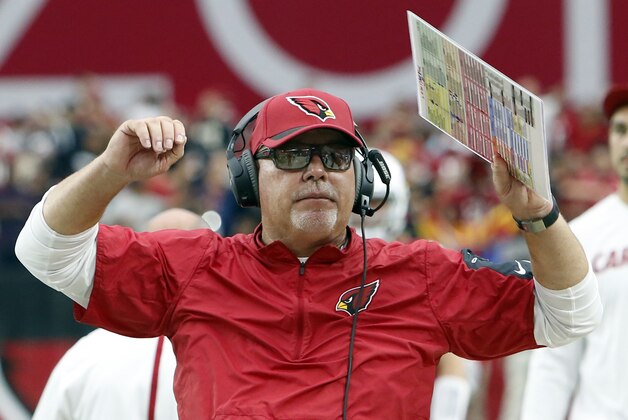 Arizona Cardinals head coach Bruce Arians celebrates during the second half of an NFL football game against the New Orleans Saints, Sunday, Sept. 13, 2015, in Glendale, Ariz. The Cardinals won 31-19. (AP Photo/Rick Scuteri)