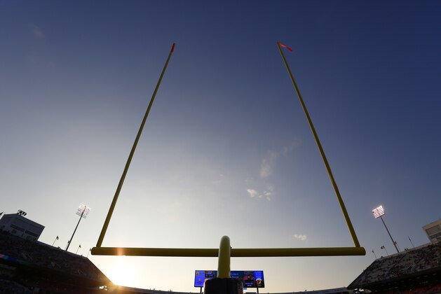 Goalposts are shown against the evening sky during the second half of a preseason NFL football game between the Buffalo Bills and Tampa Bay Buccaneers Saturday, Aug. 23, 2014, in Orchard Park, N.Y. The Buccaneers won the game 27-14. (AP Photo/Bill Wippert)