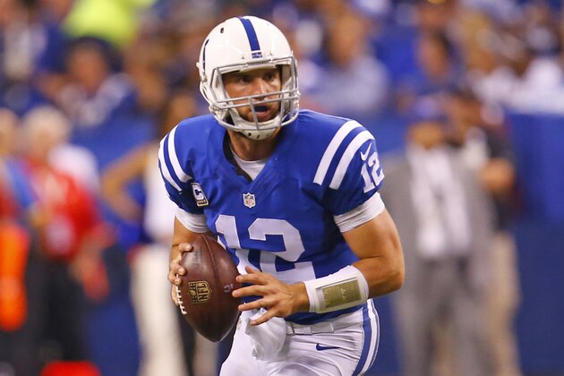 Indianapolis Colts quarterback Andrew Luck (12) looks to throw a pass against the New York Jets during an NFL football game in Indianapolis, Monday, Sept. 21, 2015. (Jeff Haynes/AP Images for Panini)