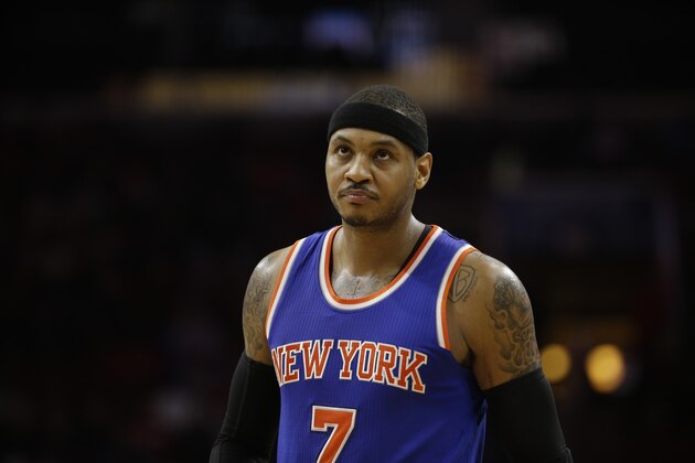 New York Knicks' Carmelo Anthony in action during an NBA basketball game against the Philadelphia 76ers, Wednesday, Jan. 21, 2015, in Philadelphia. (AP Photo/Matt Slocum)