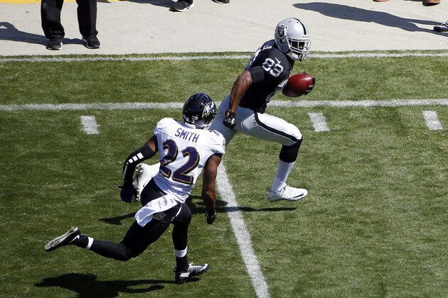 Oakland Raiders' Amari Cooper (89) runs past Baltimore Ravens cornerback Jimmy Smith (22) on a 68-yard touchdown reception during the first half of an NFL football game Sunday, Sept. 20, 2015, in Oakland, Calif. (AP Photo/Tony Avelar)