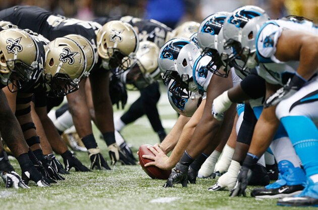 NEW ORLEANS, LA - DECEMBER 07:  A general view of the line of scrimage between the New Orleans Saints and the Carolina Panthers during a game at the Mercedes-Benz Superdome on December 7, 2014 in New Orleans, Louisiana. The Panthes won the game 41 - 10. (Photo by Sean Gardner/Getty Images)