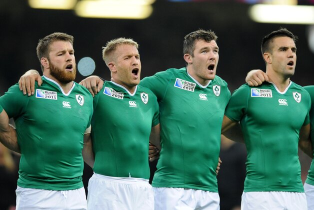 Ireland players sing their national anthem before their Rugby World Cup Pool D match at the Millennium Stadium, Cardiff, Wales, Saturday Sept. 19. 2015. (AP Photo/Rui Vieira)
