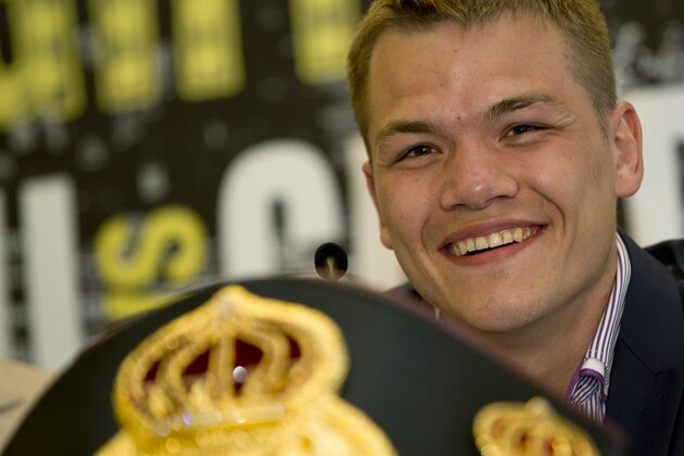 Super-Middleweight and WBA World Champion Fedor Chudinov of Russia poses for the media following a press conference to announce his upcoming fight against Frank Buglioni, in London, Monday, June, 15, 2015. Chudinov will fight Buglioni for the WBA Super-Middleweight championship in London, Friday, July 24.(AP Photo/Alastair Grant)