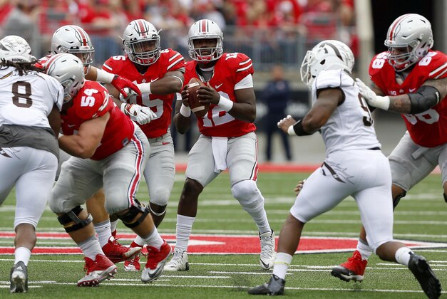Sep 26, 2015; Columbus, OH, USA; Ohio State Buckeyes quarterback Cardale Jones (12) drops back to pass against the Western Michigan Broncos in the first quarter at Ohio Stadium. Mandatory Credit: Joe Maiorana, USA TODAY Sports