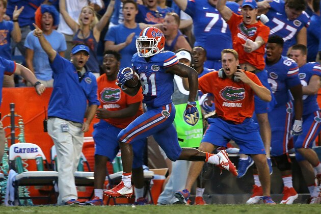 GAINESVILLE, FL - SEPTEMBER 26:  Antonio Callaway #81 of the Florida Gators scores the winning touchdown during a game against the Tennessee Volunteers at Ben Hill Griffin Stadium on September 26, 2015 in Gainesville, Florida.  (Photo by Mike Ehrmann/Getty Images)