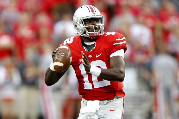 Sep 26, 2015; Columbus, OH, USA; Ohio State Buckeyes quarterback Cardale Jones (12) looks down field against the Western Michigan Broncos during the second half at Ohio Stadium. Ohio State won the game 38-12. Mandatory Credit: Joe Maiorana-USA TODAY Sports