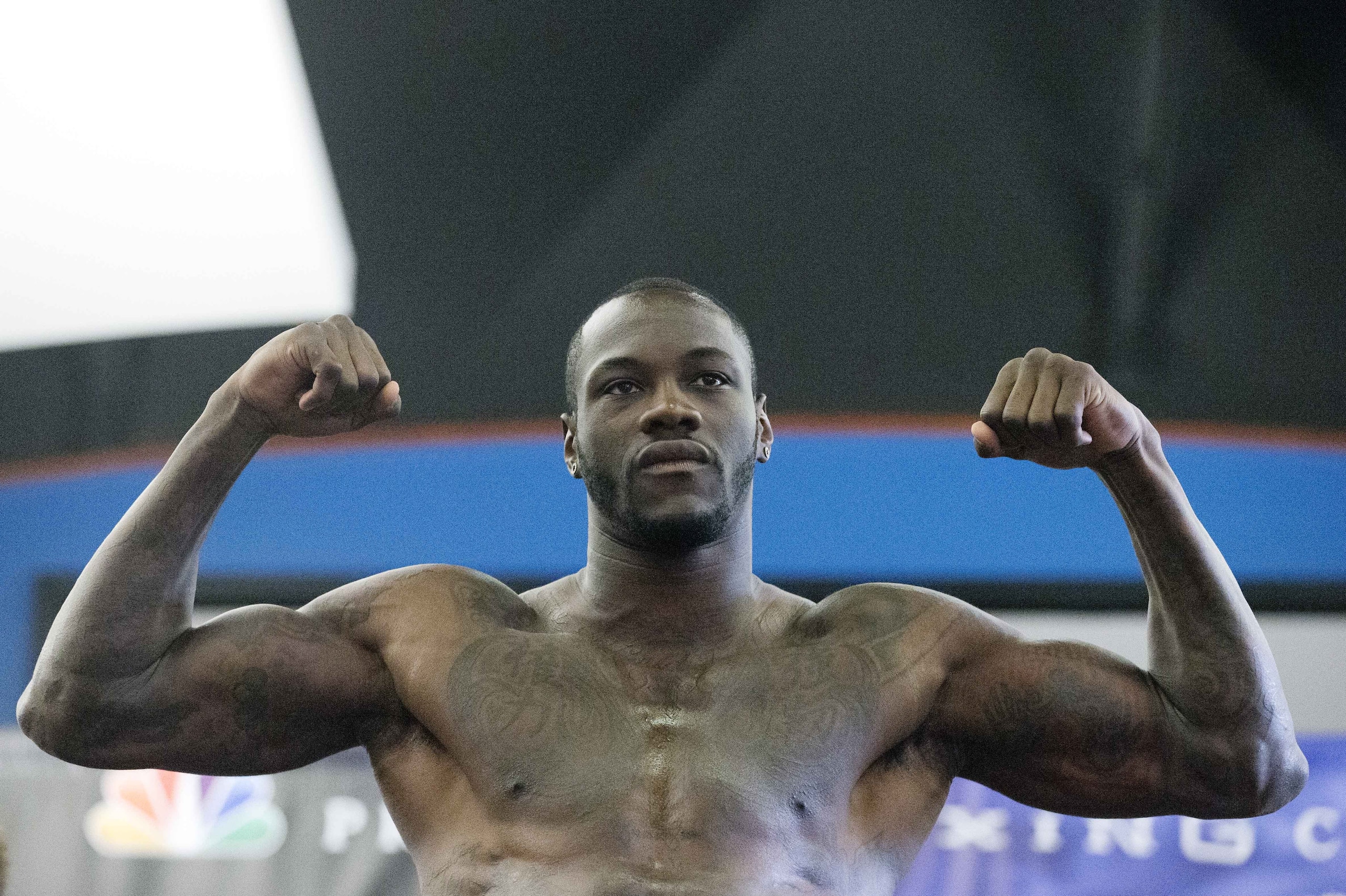 WBC heavyweight boxing champion Deontay Wilder weighs in, Friday, Sept. 25, 2015, in Birmingham, Ala. Wilder is preparing for a title defense, when he takes on Johann Duhaupas on Saturday, Sept. 26 in Birmingham. (AP Photo/Brynn Anderson)