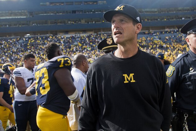 Michigan head coach Jim Harbaugh walks on the field after an NCAA college football game against BYU in Ann Arbor, Mich., Saturday, Sept. 26, 2015. Michigan won 31-0. (AP Photo/Tony Ding)
